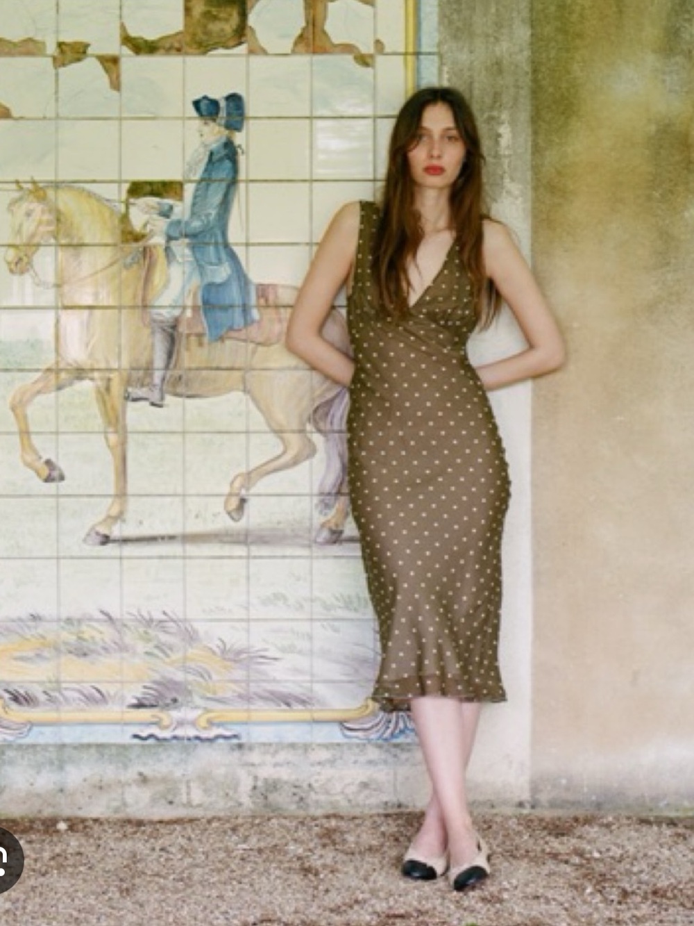 Realisation Par the Margot Olive Spot Khaki V-Neck Midi Dress size Small